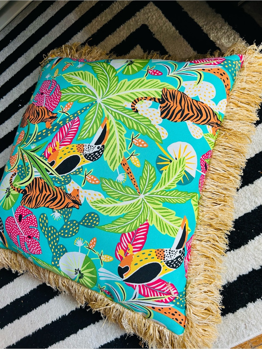 Oversized Statement Raffia Fringe Pillow Tropical Safari Print‎ 20”